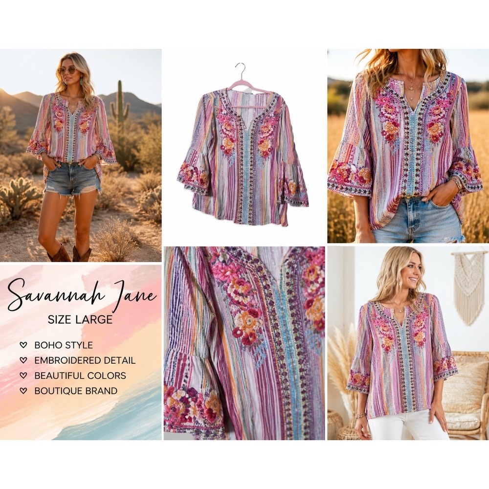 Savanna Jane Womens Large Boho Embroidered Striped Bell Sleeve Blouse Multicolor